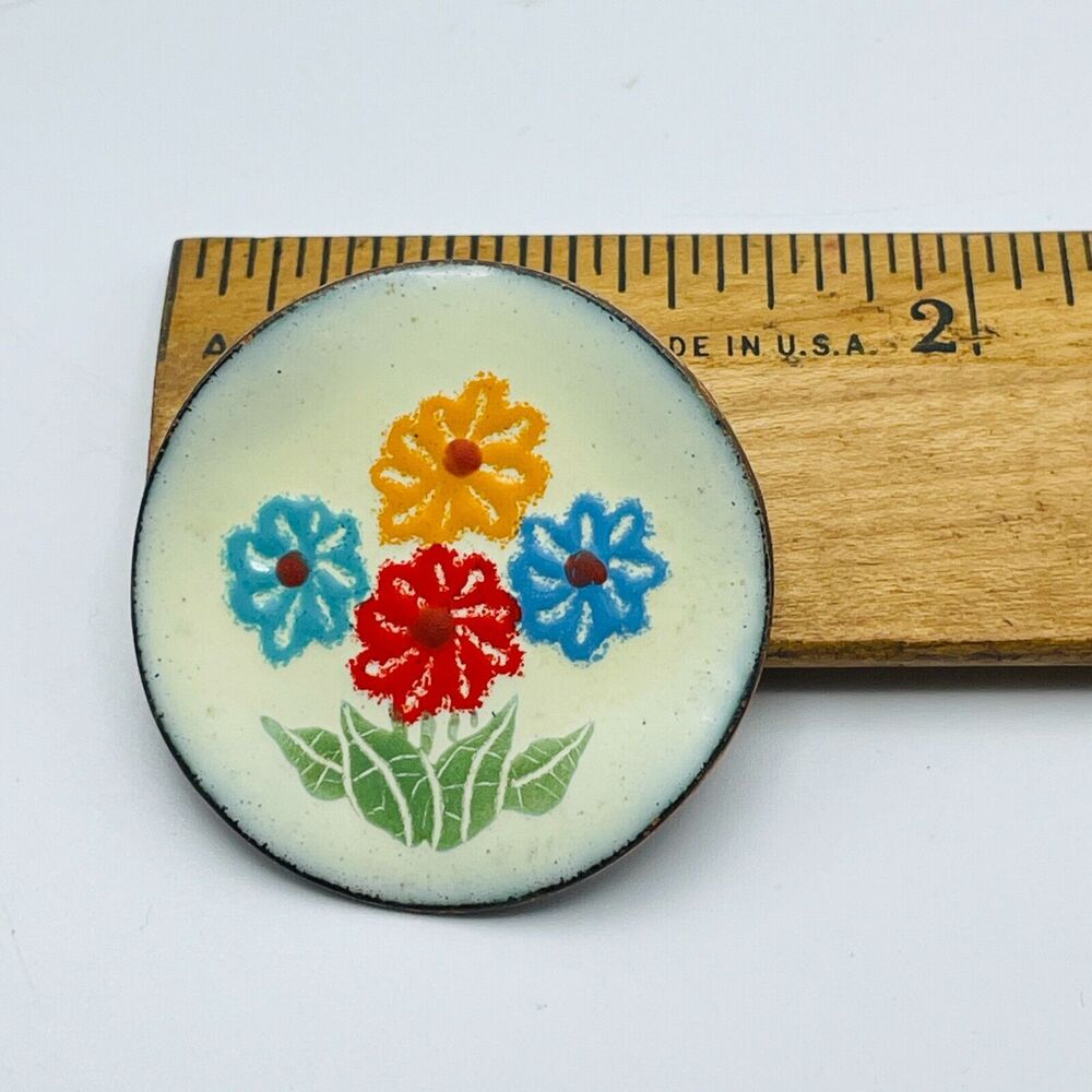 Vintage Colorful Enamel Wavey Copper Pin 1.5" Round Unsigned Floral Brooch MCM - Picture 8 of 9